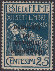 V388 - 1920 - Legionari di Fiume soprastampati Reggenza Italiana del Carnaro, c. 25 indaco con soprastampa nera capovolta nuovo con gomma originale (147b)
