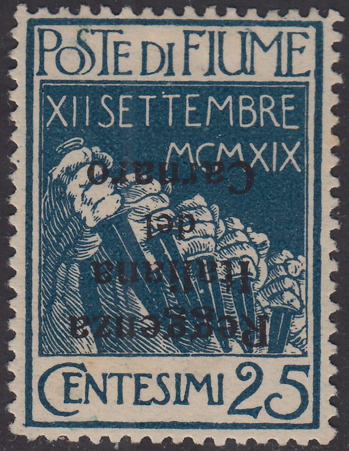 V388 - 1920 - Legionari di Fiume soprastampati Reggenza Italiana del Carnaro, c. 25 indaco con soprastampa nera capovolta nuovo con gomma originale (147b)