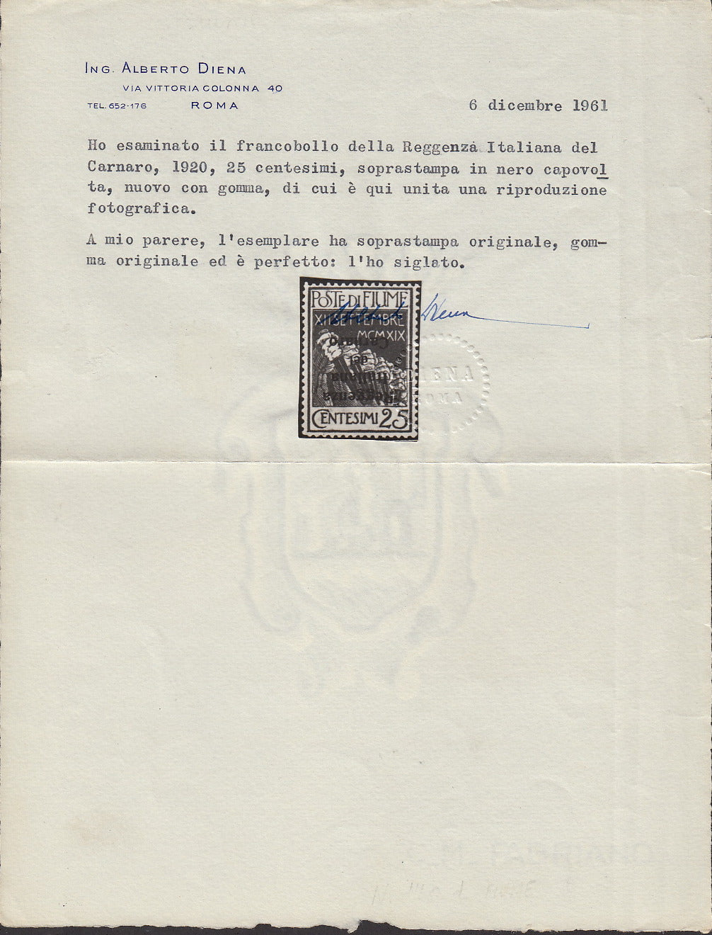 V388 - 1920 - Legionari di Fiume soprastampati Reggenza Italiana del Carnaro, c. 25 indaco con soprastampa nera capovolta nuovo con gomma originale (147b)