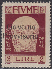 V466 - 1921 - Effigie di Gabriele d'Annunzio L.2 lilla bruno con soprastampa "Governo Provvisorio" fortemente spostata a sinistra nuovo con gomma originale (160ob)