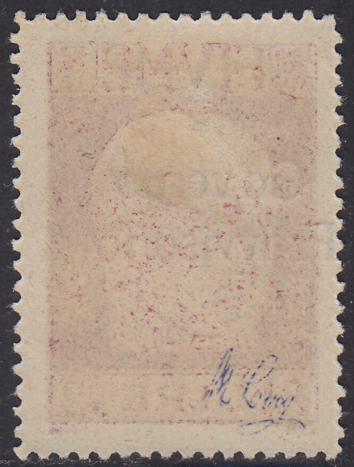 V466 - 1921 - Effigie di Gabriele d'Annunzio L.2 lilla bruno con soprastampa "Governo Provvisorio" fortemente spostata a sinistra nuovo con gomma originale (160ob)
