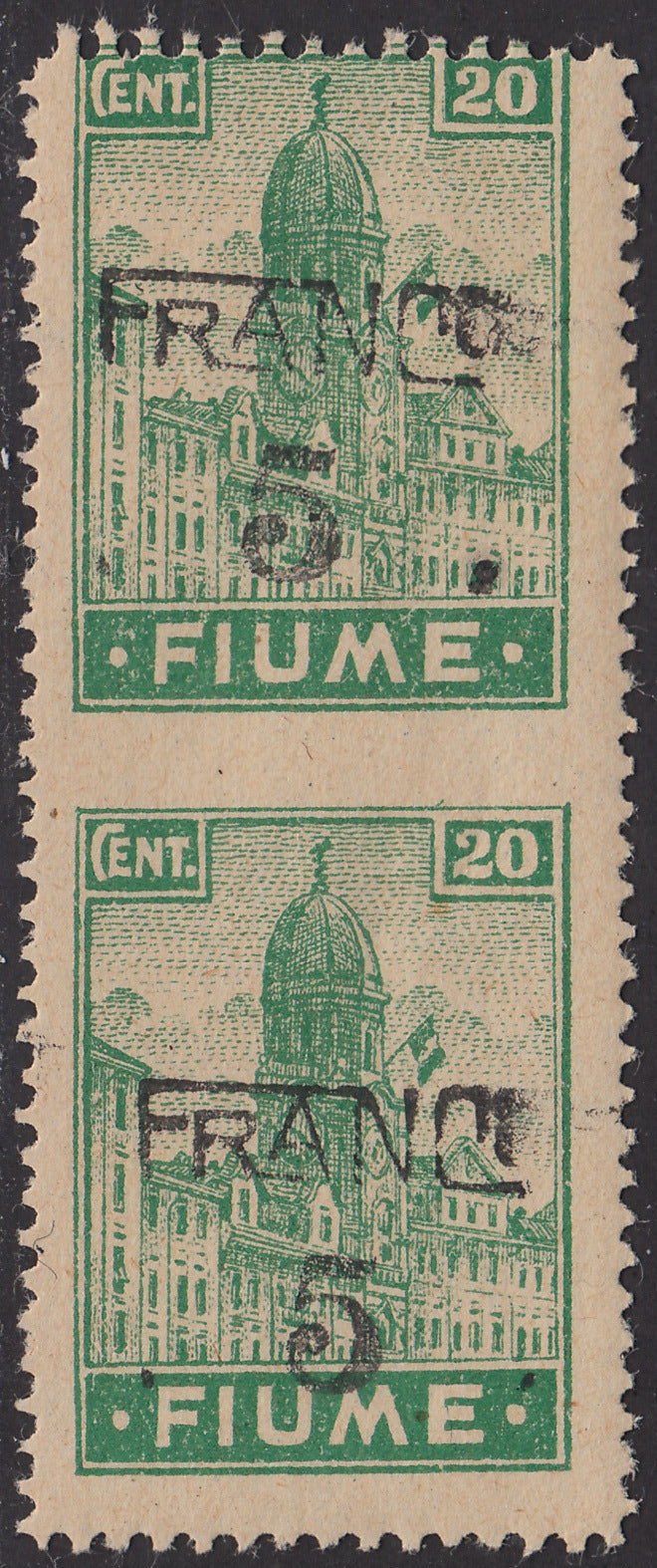 V46 - 1919 - Allegorie, carta tipo "A" c. 20 verde smeraldo coppia verticale non dentellata al centro nuova con gomma (A75h)