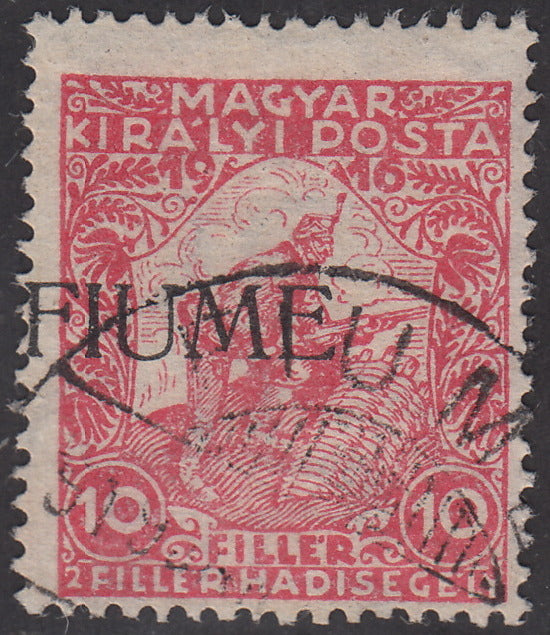 V51 - 1918 - Hungarian stamp from the Charity series, 10 filler (+2) red with machine overprint strongly shifted to the left, used (1Afd)