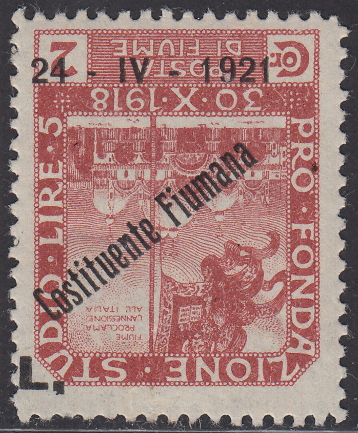 V524 - 1921 - Pro Fondazione Studio soprastampati COSTITUENTE FIUMANA L. 2 rosa bruno soprastampa capovolta nuovo con gomma originale (172a)