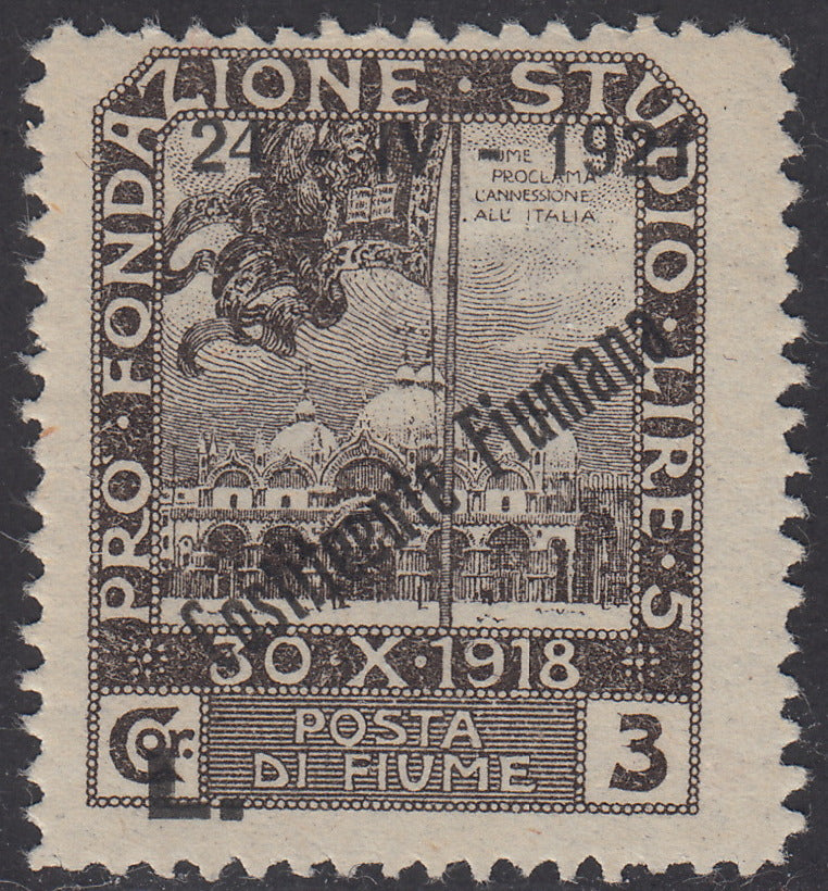 V526 - 1921 - Pro Fondazione Studio soprastampati COSTITUENTE FIUMANA L. 3 bruno grigio "COSTITEENTE" nuovo con gomma (173n)