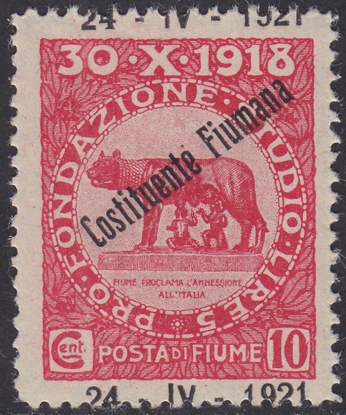 V531 - 1921 - Pro Fondazione Studio soprastampati COSTITUENTE FIUMANA c. 10 carminio con soprastampa fortemente spostata in senso verticale (165d)