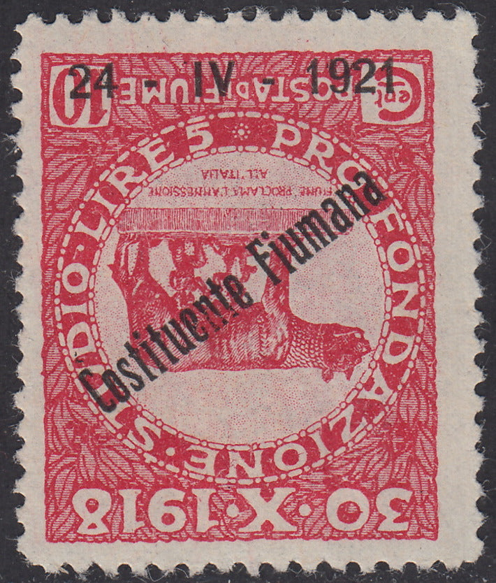 V533 - 1921 - Pro Fondazione Studio soprastampati COSTITUENTE FIUMANA c. 10 carminio con soprastampa capovolta (165a)