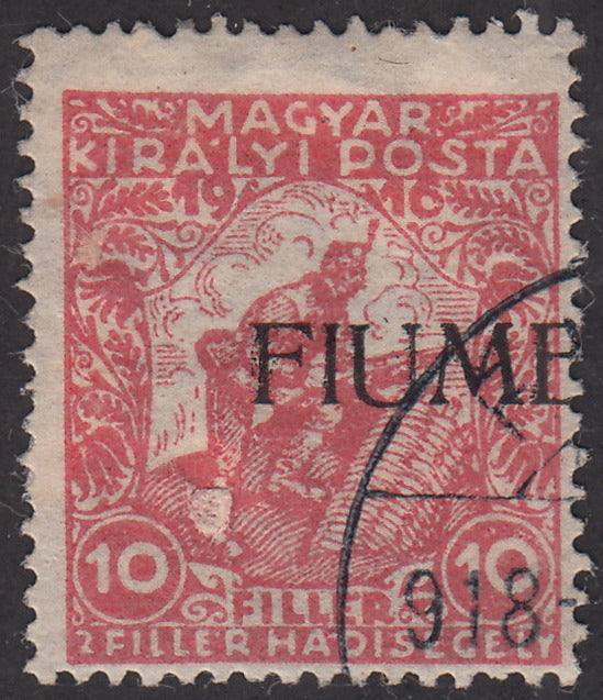 V53 - 1918 - Hungarian stamp from the Charity series, 10 filler (+2) vermilion with machine overprint strongly shifted to the right, used (1Abfeb)