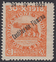 V544 - 1921 - Pro Fondazione Studio soprastampati COSTITUENTE FIUMANA c. 20 arancio con soprastampa fortemente spostata in alto (167fa)