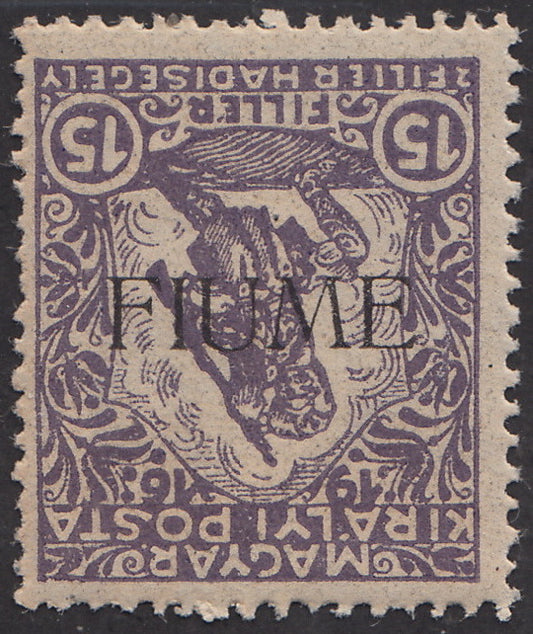 V54 - 1918 - Sello húngaro de la serie Charity, 15 rellenos (+2) violeta con sobreimpresión tipográfica invertida, nuevo con goma intacta (2ac)