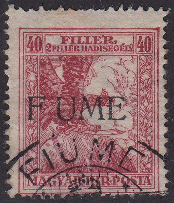 V55 - 1918 - Francobollo d'Ungheria della serie Beneficenza, 40 filler (+2) carminio con soprastampa a macchina "F UME", usato (3d)