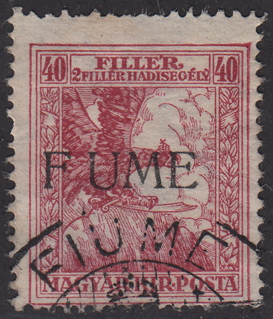 V55 - 1918 - Hungarian stamp from the Charity series, 40 filler (+2) carmine with machine overprint "F UME", used (3d)