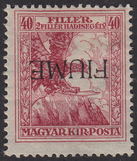 V56 - 1918 - Sello húngaro de la serie Charity, 40 rellenos (+2) carmín con sobreimpresión tipográfica invertida, nuevo con goma (3ac)