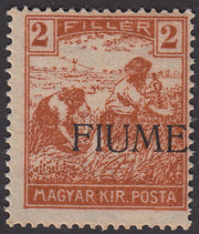 V58 - 1918 - Francobollo d'Ungheria della serie Mietitori, 2 filler giallo bruno con soprastampa a macchina fortemente spostata a destra, nuovo con gomma (4feb)