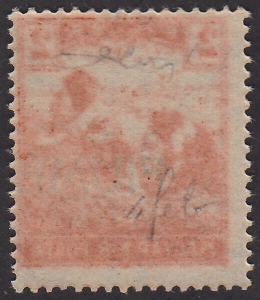V58 - 1918 - Sello postal de Hungría de la serie Reapers, 2 rellenos de color marrón amarillento con sobreimpresión a máquina fuertemente desplazada hacia la derecha, nuevo con goma (4 de febrero)