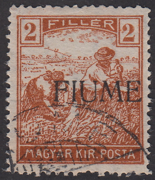 V61 - 1918 - Stamp of Hungary from the Reapers series, 2 yellow-brown fillers with machine overprint heavily shifted to the right used (4 Feb)