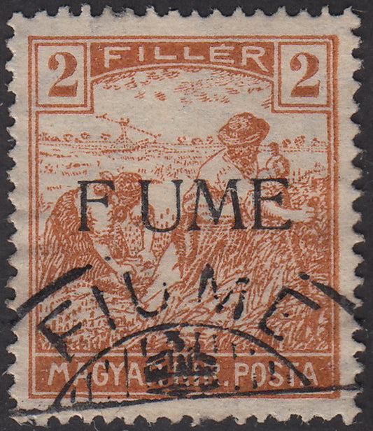 V62 - 1918 - Stamp of Hungary from the Reapers series, 2 yellow-brown filler with machine overprint F UME used (4d)