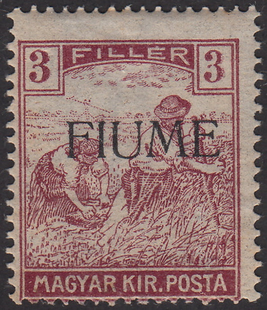 V63 - 1918 - Hungarian stamp from the Reapers series, 3 lilac violet fillers with FIUME machine overprint and decal, new (5h)