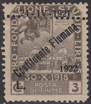 V644 - 1922 - Costituzione Fiumana L. 3 bruno oliva con doppia dentellatura orizzontale nuovo con gomma (188x)