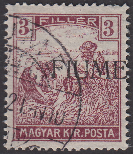 V65 - 1918 - Stamp of Hungary from the Reapers series, 3 lilac violet fillers with FIUME machine overprint heavily shifted to the right used (5 Feb)
