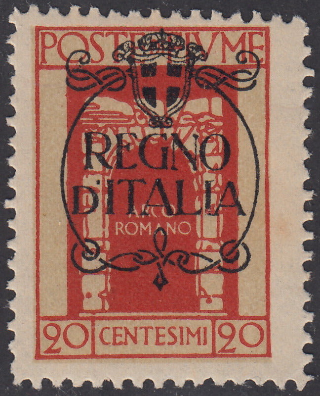 V684 - 1924 - San Vito e Soggetti vari, emissione soprastampata "REGNO D'ITALIA", c. 20 arancio con decalco della soprastampa nuovo gomma originale (205p)