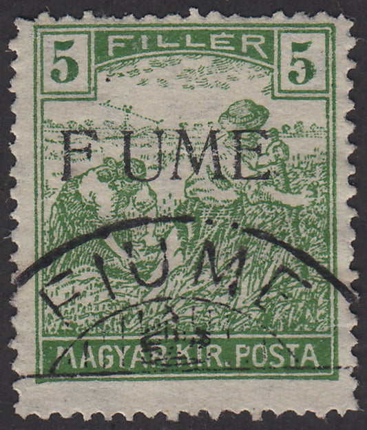 V68 - 1918 - Stamp of Hungary from the Reapers series, 5 filler green yellow with machine overprint F UME used (6d)