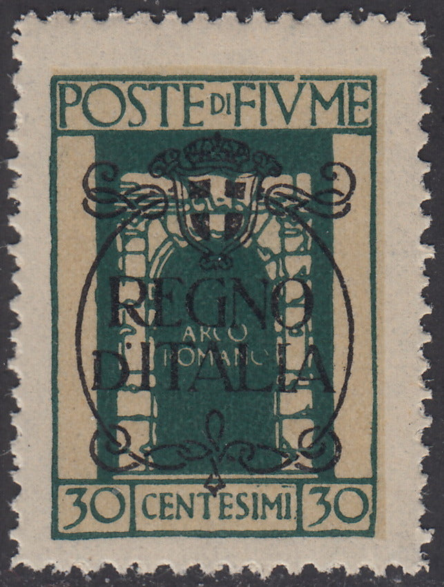 V690 - 1924 - San Vito e Soggetti vari, emissione soprastampata "REGNO D'ITALIA", c. 30 verde azzurro con con decalco della soprastampa nuovo gomma integra (207p)