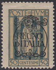 V692 - 1924 - San Vito e Soggetti vari, emissione soprastampata "REGNO D'ITALIA", c. 50 verde chiaro con decalco della soprastampa nuovo con gomma originale (208p)