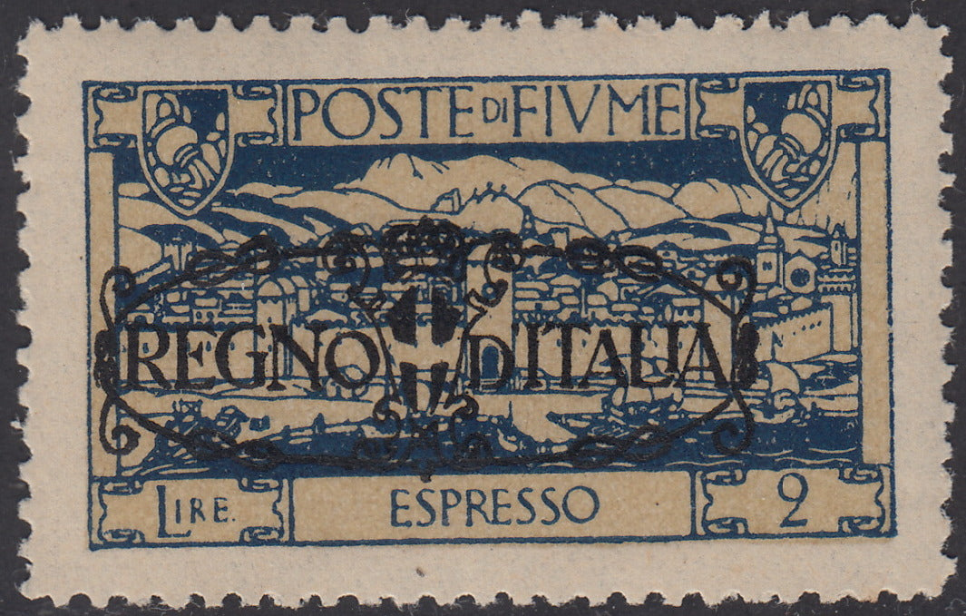 V698 - 1924 - San Vito e Soggetti vari, espresso soprastampato "REGNO D'ITALIA", L. 2 azzurro con decalco della soprastampa nuovo con gomma integra (E10p)