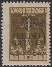 V702 - 1924 - San Vito e Soggetti vari, emissione soprastampata "REGNO D'ITALIA", L. 3 bistro oliva con decalco della soprastampa nuovo con gomma originale (212p)