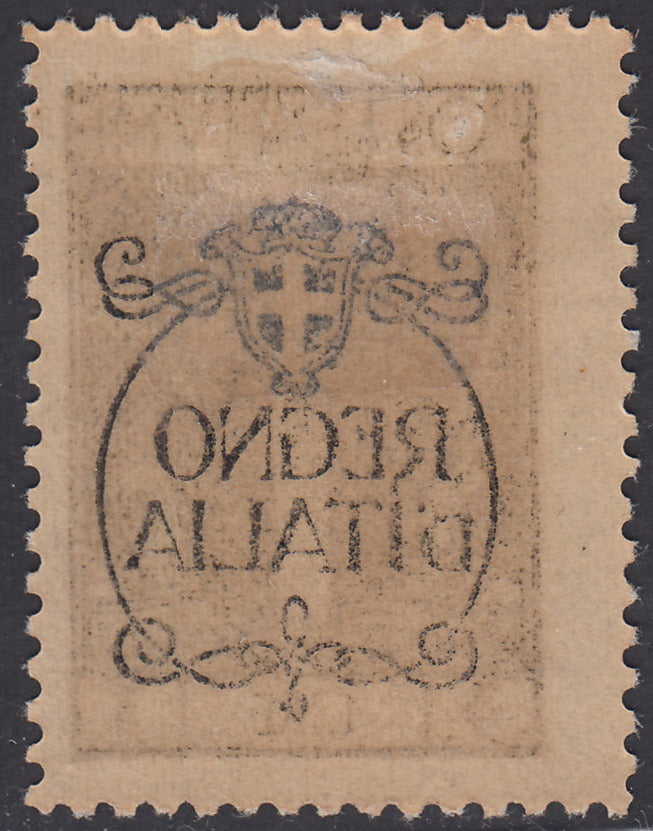 V702 - 1924 - San Vito e Soggetti vari, emissione soprastampata "REGNO D'ITALIA", L. 3 bistro oliva con decalco della soprastampa nuovo con gomma originale (212p)