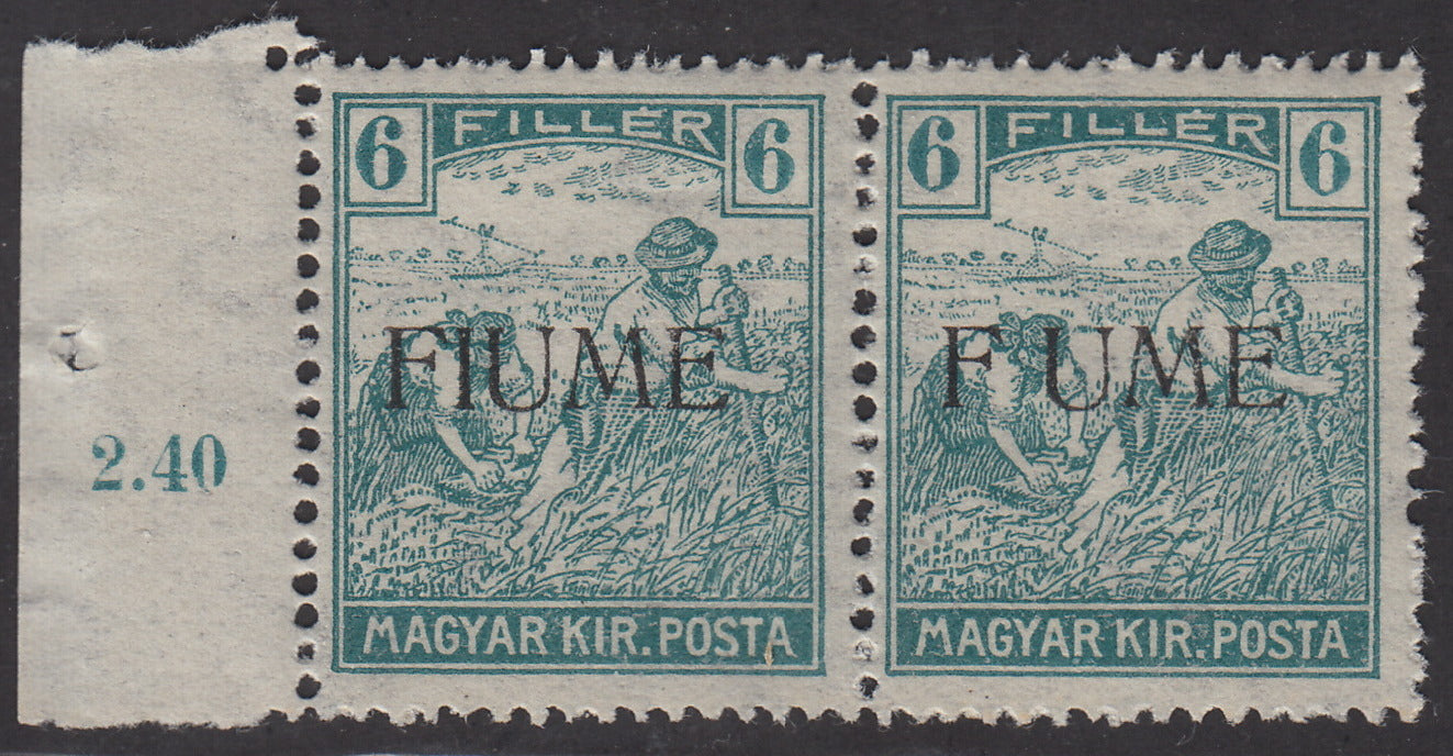 V71 - 1918 - Mietitori d'Ungheria, 6 filler verde azzurro coppia orizzontale di cui uno con soprastampa F UME, nuova con gomma (7 + 7d)