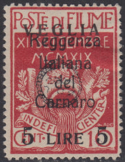 V877 - 1920 - Legionari di Fiume soprastampati "Reggenza Italiana del Carnaro" e VEGLIA, L. 5 carminio NON EMESSO nuovo gomma originale (145)