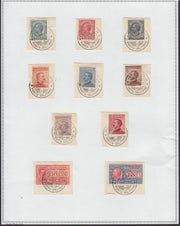 V899 - 1920 - Francobolli della serie imperiale d'Italia + Espressi usati con impronte "FIUME - POSTA MILITARE" su frammenti, e applicati su cartoncino da esposizione (Vari)