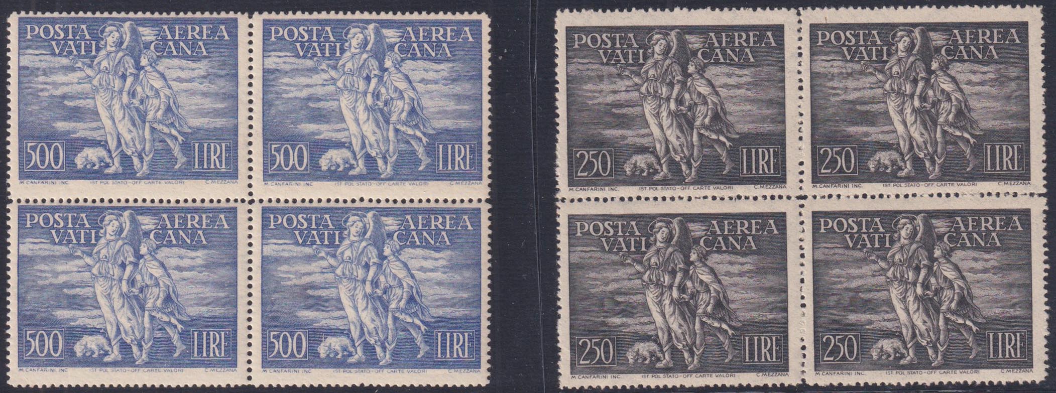 Vat20 - 1948 - Posta Aerea, "Arcangelo e Tobiolo" serie completa in blocco di 4 esemplari nuova con gomma integra (A16/17)