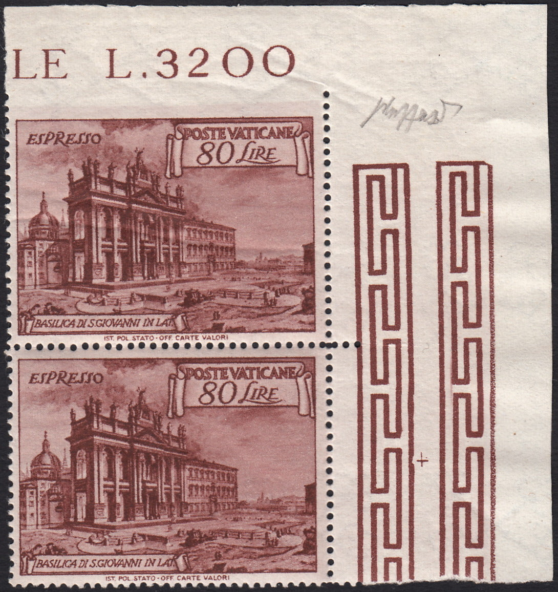 Vat12 - 1949 - "Basiliche", Espresso da L. 80 bruno rosso coppia verticale di cui il superiore non dentellato in alto, nuovo integro (E12 + E12c)
