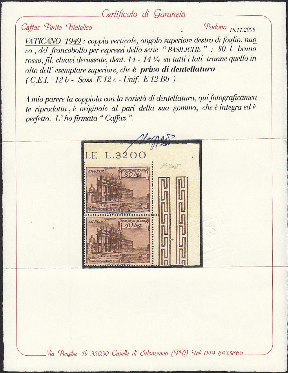 Vat12 - 1949 - "Basiliche", Espresso da L. 80 bruno rosso coppia verticale di cui il superiore non dentellato in alto, nuovo integro (E12 + E12c)