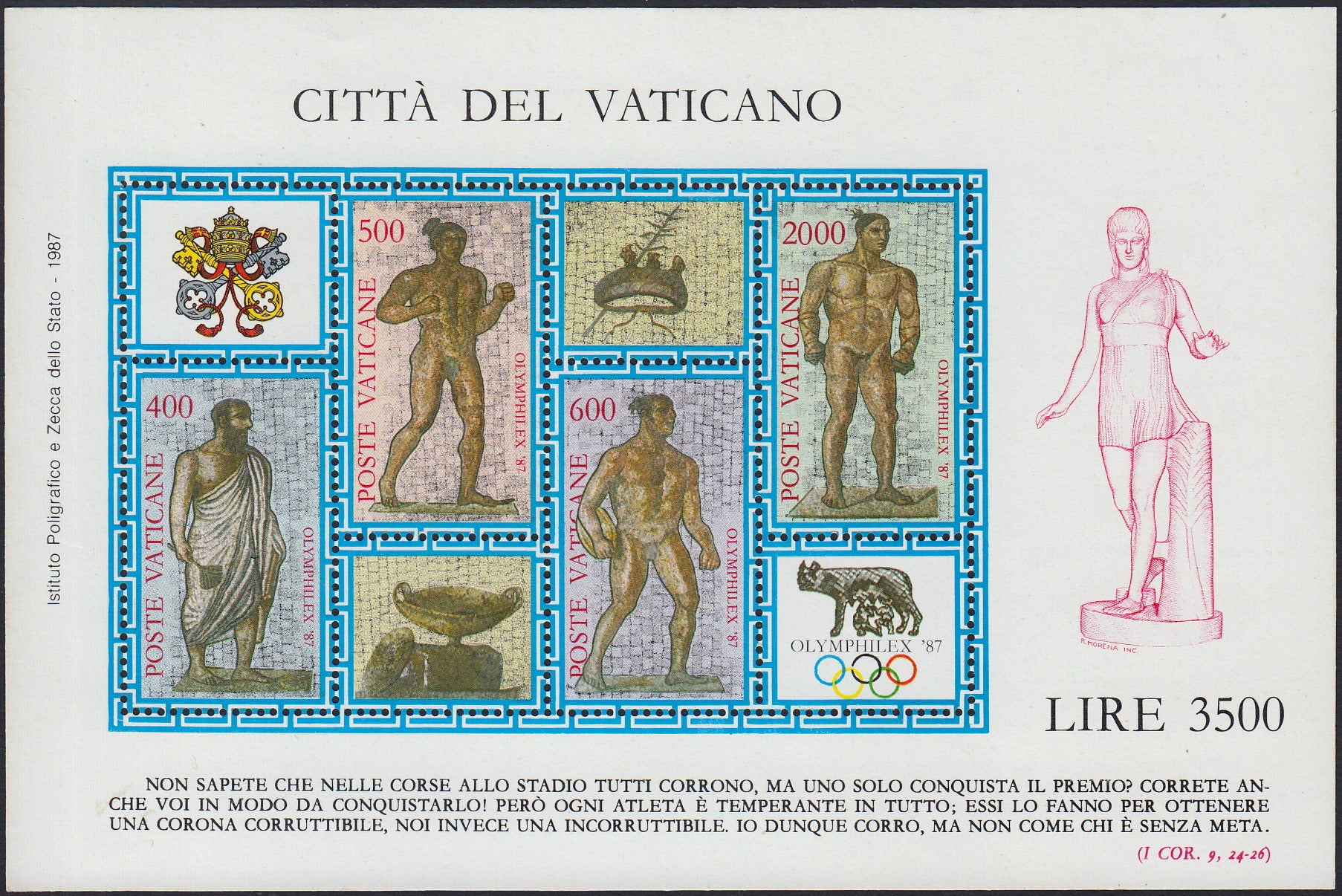 VAT13 - 1987 - Esposizione mondiale di filatelia olimpica "Olinphilex 87", foglietto di quattro esemplari con appendici nuovo gomma integra (F8)