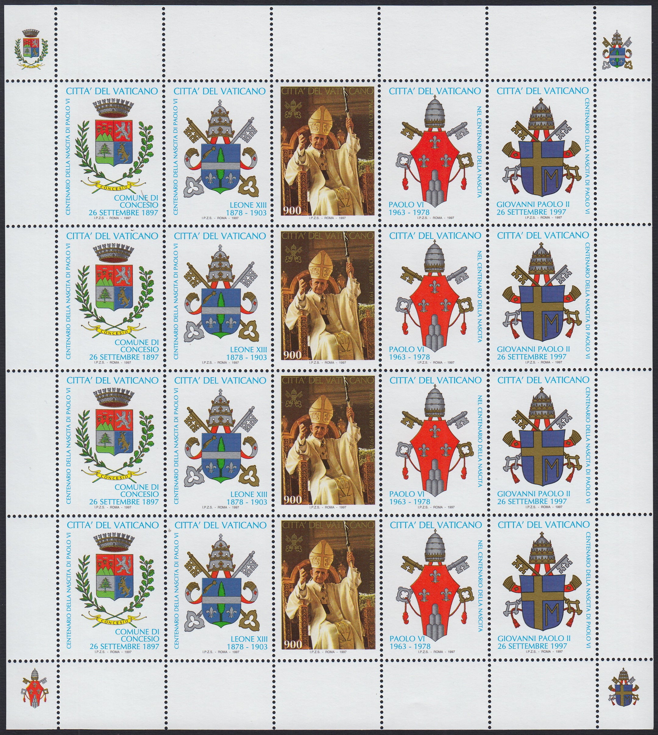 VAT27 - 1997 - Centenario della nascita di Papa Paolo VI, foglietto di 4 francobolli e 16 appendici differenti nuovo gomma integra (F24)