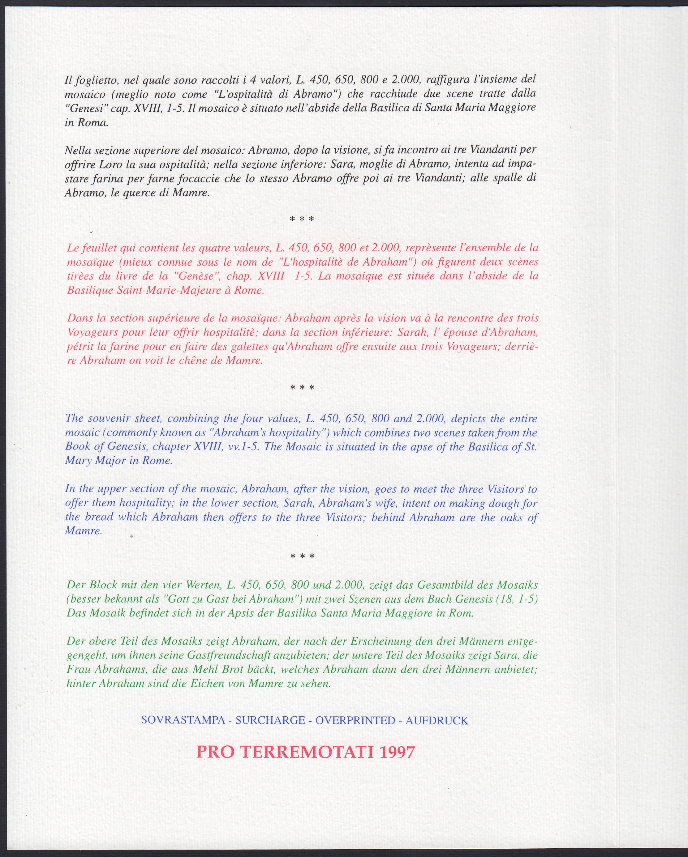 VAT38 - 1997 - Foglietto "CARITAS" in libretto Pro Terremotati 1997 (F25)