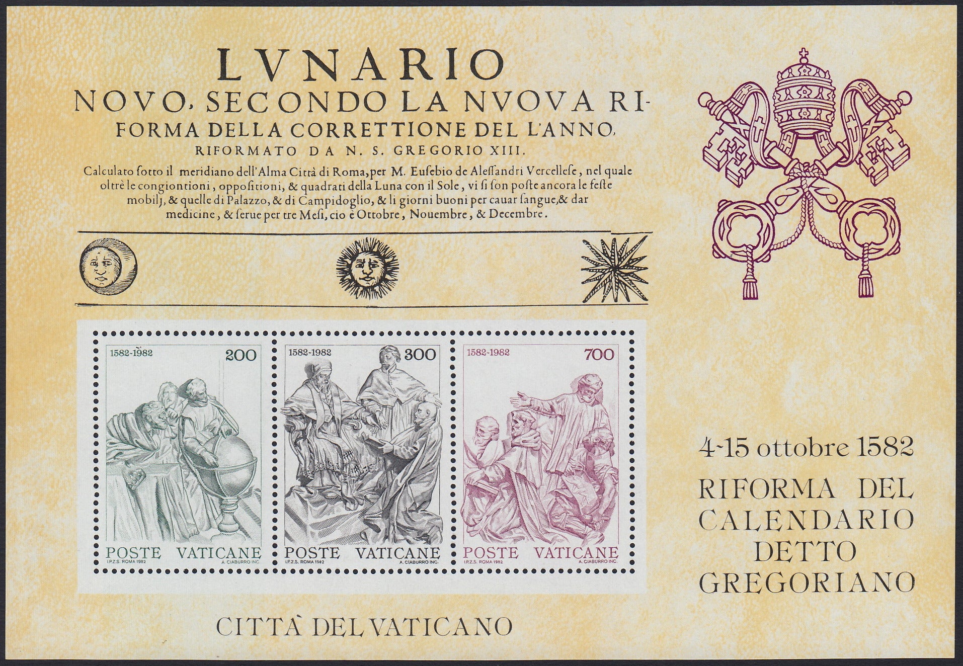 VAT47 - 1982 - 4° centenario della riforma del calendario Gregoriano, foglietto di tre valori nuovo gomma integra (F4)