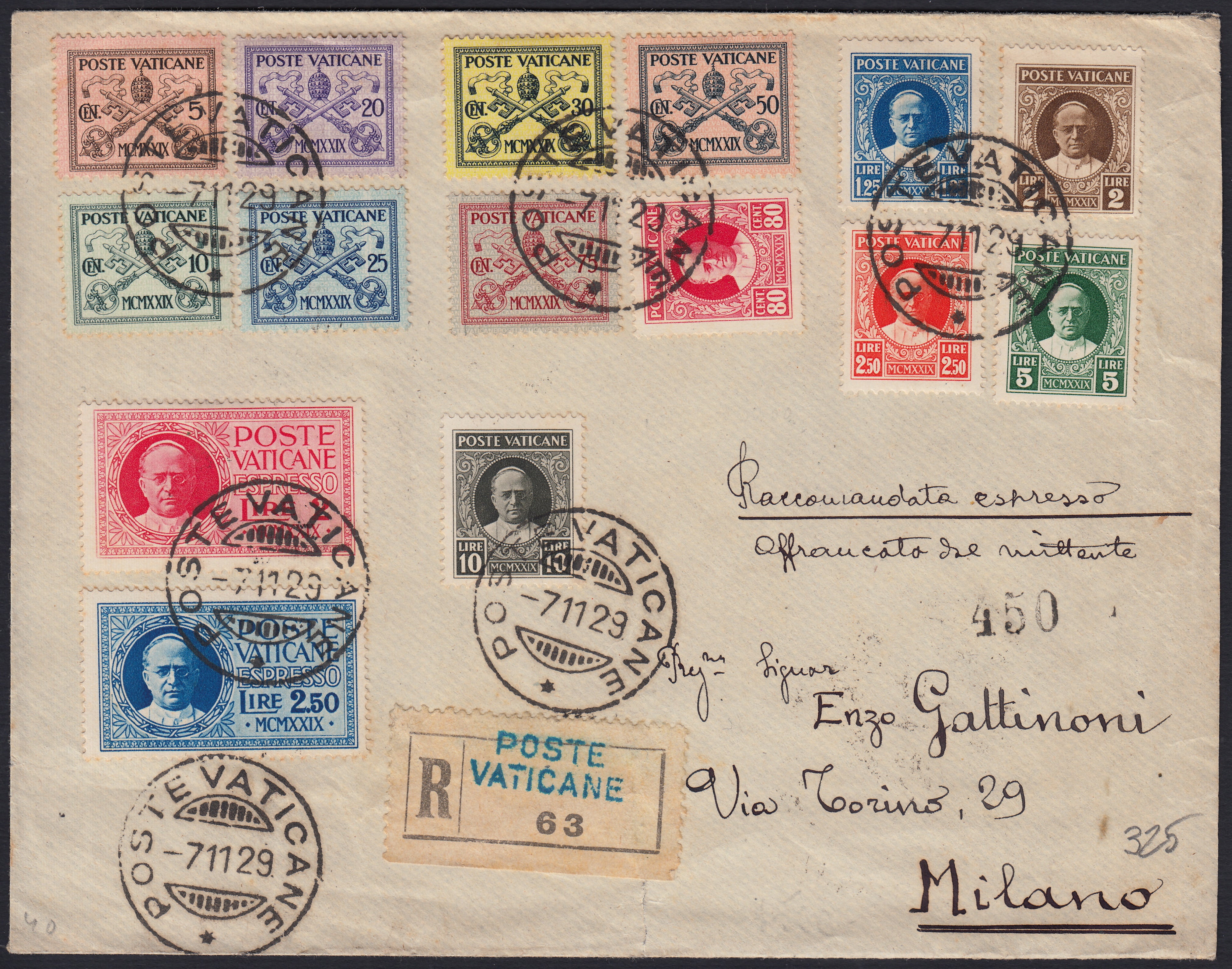 VAT65 - 1929 - Conciliazione, serie completa di 15 valori usata su lettera da Cittì de Vaticano per Milano 7/11/29 (1/13 + E1, E2)