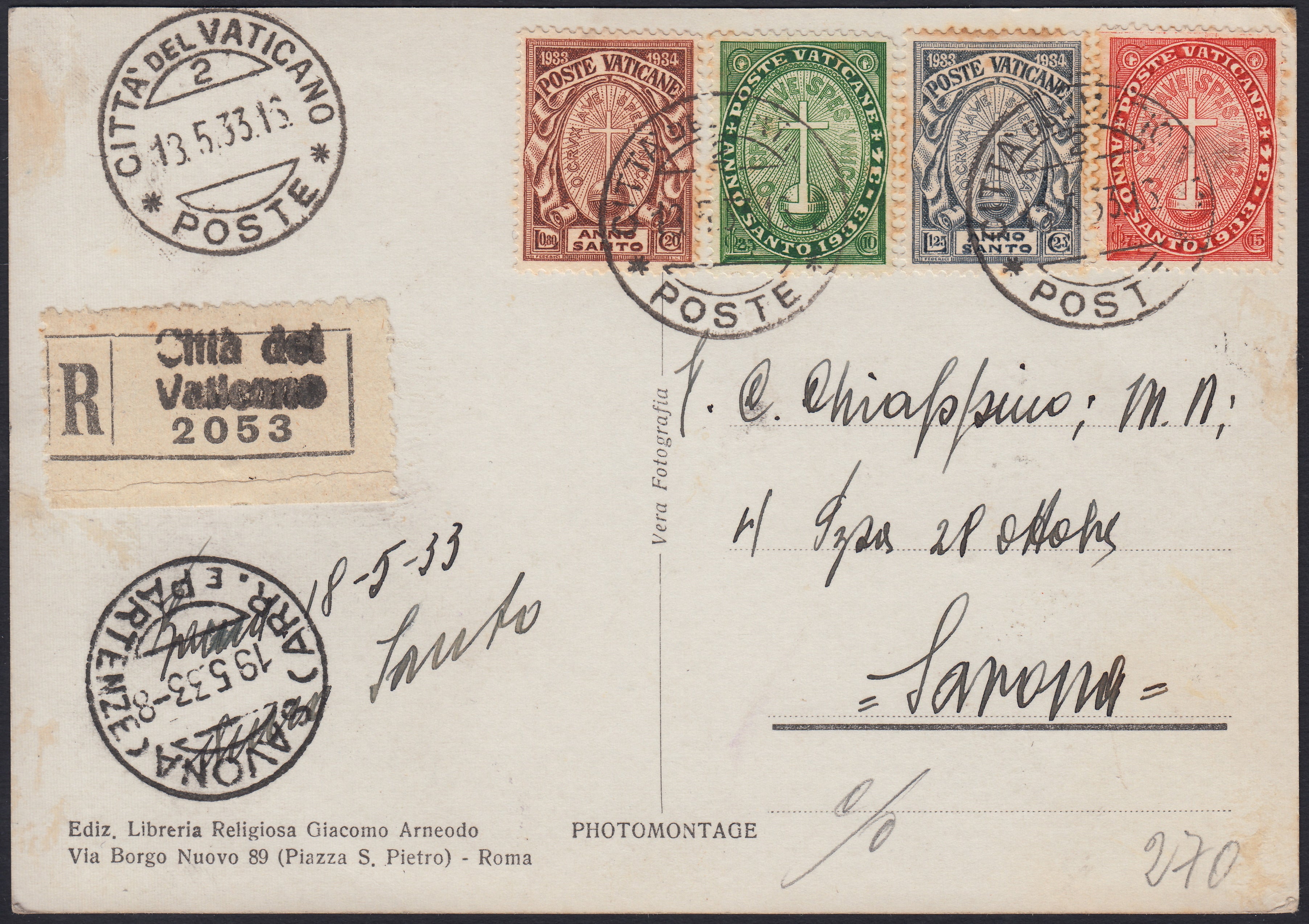 VAT65 - 1933 - Anno Santo, serie completa di quattro valori usata su lettera da Città del Vaticano per Savona 13/5/33 (15/18)
