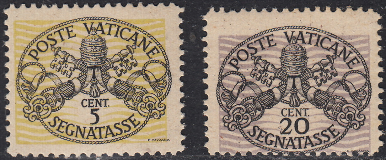 Vat9 - 1946 - Segnatasse, emissione nuova tiratura con linee del fondo più grosse, 5c. giallo e c. 20 violetto chiaro nuovi gomma integra (13, 14)