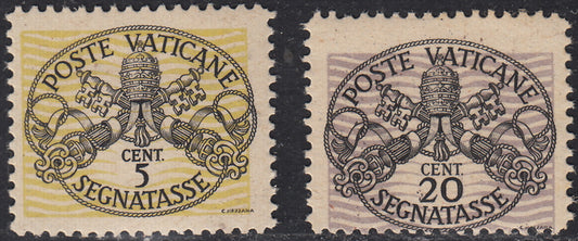 Vat9 - 1946 - Segnatasse, emissione nuova tiratura con linee del fondo più grosse, 5c. giallo e c. 20 violetto chiaro nuovi gomma integra (13, 14)