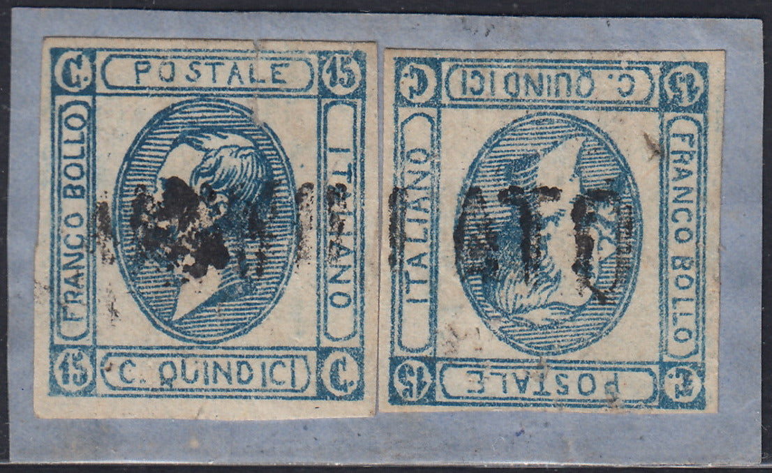 VEII101 - 1863 - Provisional lithograph c. 15 ultramarine blue, fake to serve Naples, two used examples on fragment with CANCELED linear (F1).