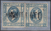 VEII101 - 1863 - Litografico provvisorio c. 15 azzurro oltremare, falso per servire diNapoli due esemplari usati su frammento con lineare ANNULLATO (F1).
