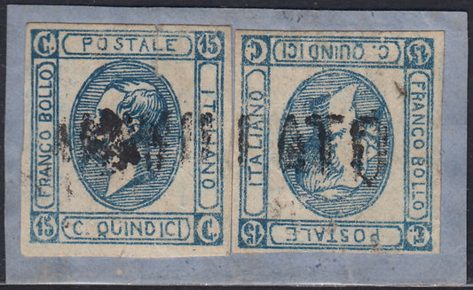 VEII101 - 1863 - Litografico provvisorio c. 15 azzurro oltremare, falso per servire diNapoli due esemplari usati su frammento con lineare ANNULLATO (F1).