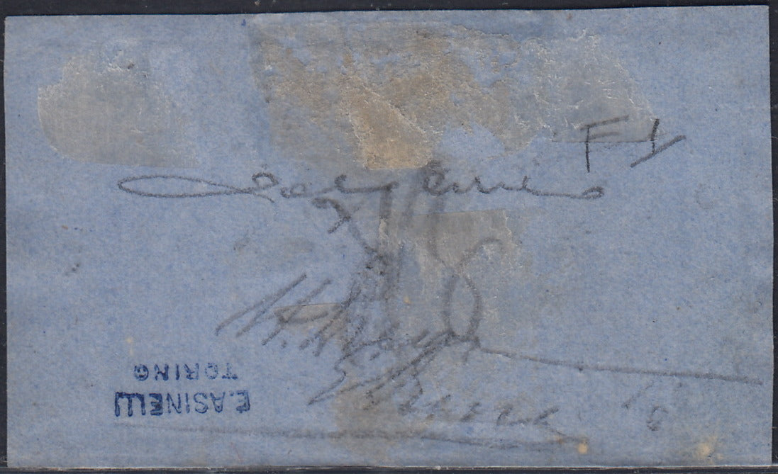 VEII101 - 1863 - Provisional lithograph c. 15 ultramarine blue, fake to serve Naples, two used examples on fragment with CANCELED linear (F1).