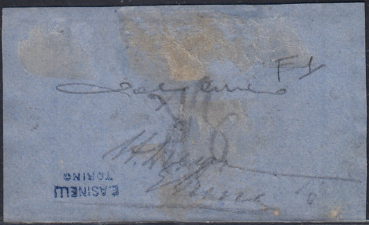 VEII101 - 1863 - Litografico provvisorio c. 15 azzurro oltremare, falso per servire diNapoli due esemplari usati su frammento con lineare ANNULLATO (F1).